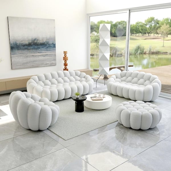 Sectional Sofa Gray Mesh Fabric with Bubble Tufting