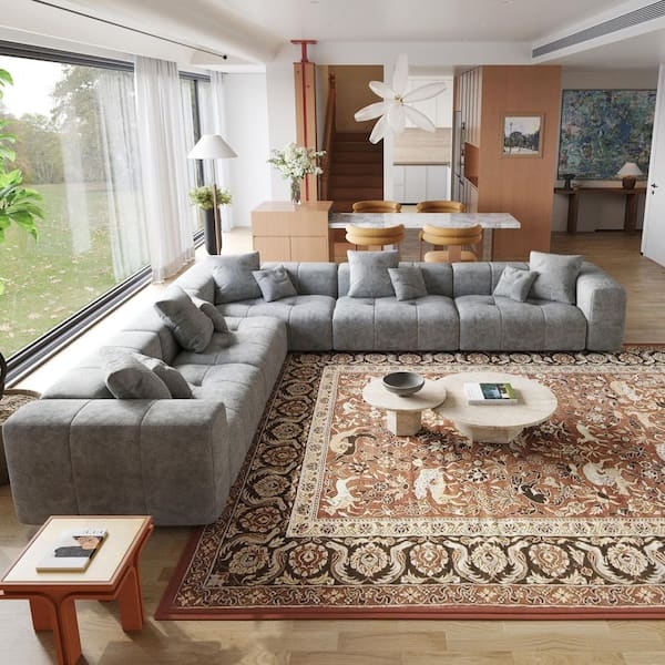 Sectional Sofa Gray Modular L-Shaped with Tufted Seats and Square Arms