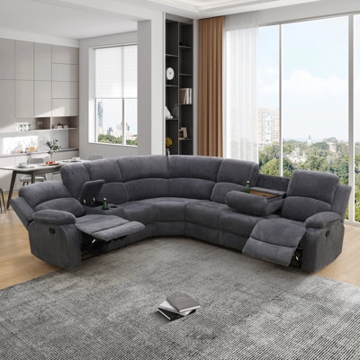 Sectional Sofa Gray Reclining Built-In Console Pillow Top Arms
