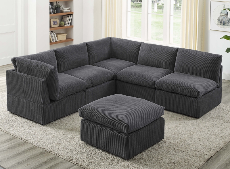 Sectional Sofa Gray Tufted Seat Blocky L-Shaped Layout