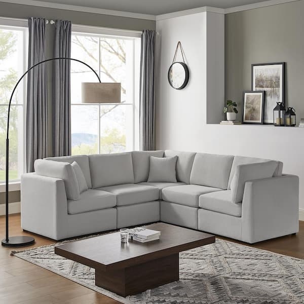 Sectional Sofa Gray Upholstery Square Arms Chaise Lounge Modern L-Shaped