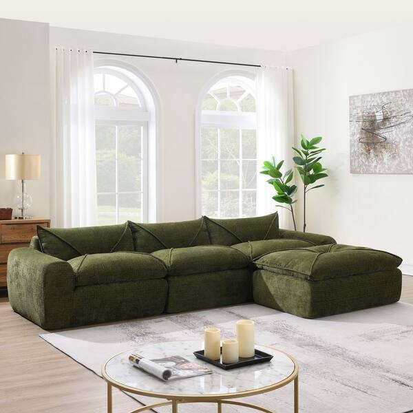 Sectional Sofa, Green Chenille, Round Arms, Low Profile L-Shaped