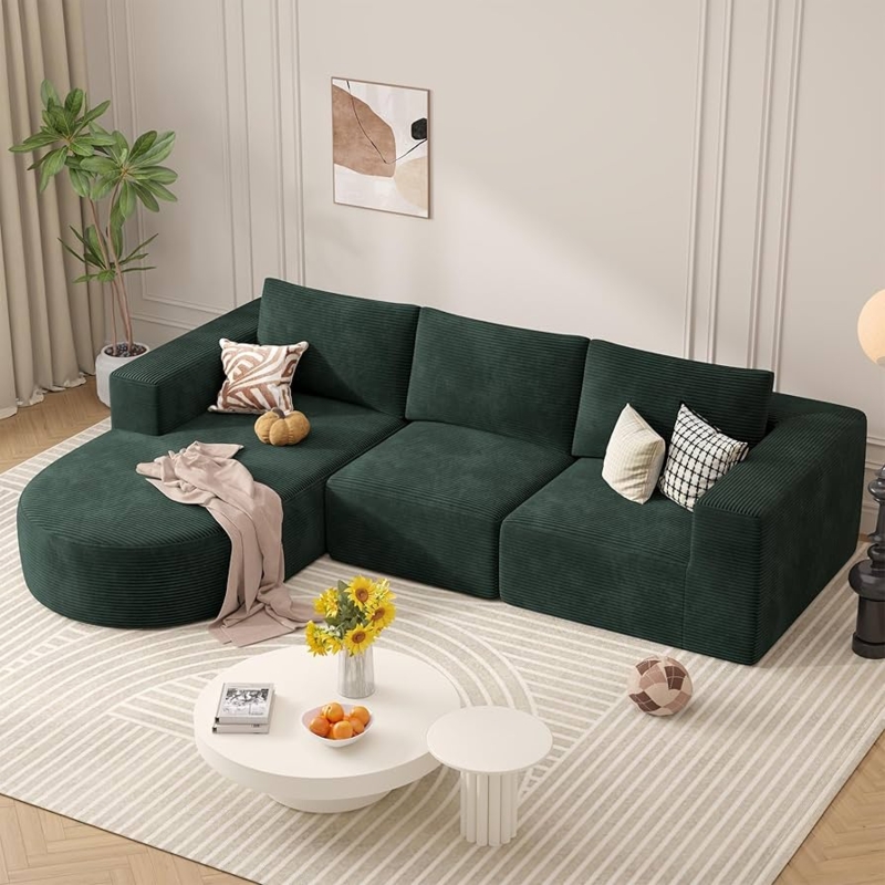 Sectional Sofa Green Corduroy Curved Chaise Boneless Low Profile