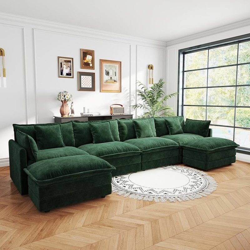 Sectional Sofa Green Corduroy U Shaped Modular Movable Ottomans