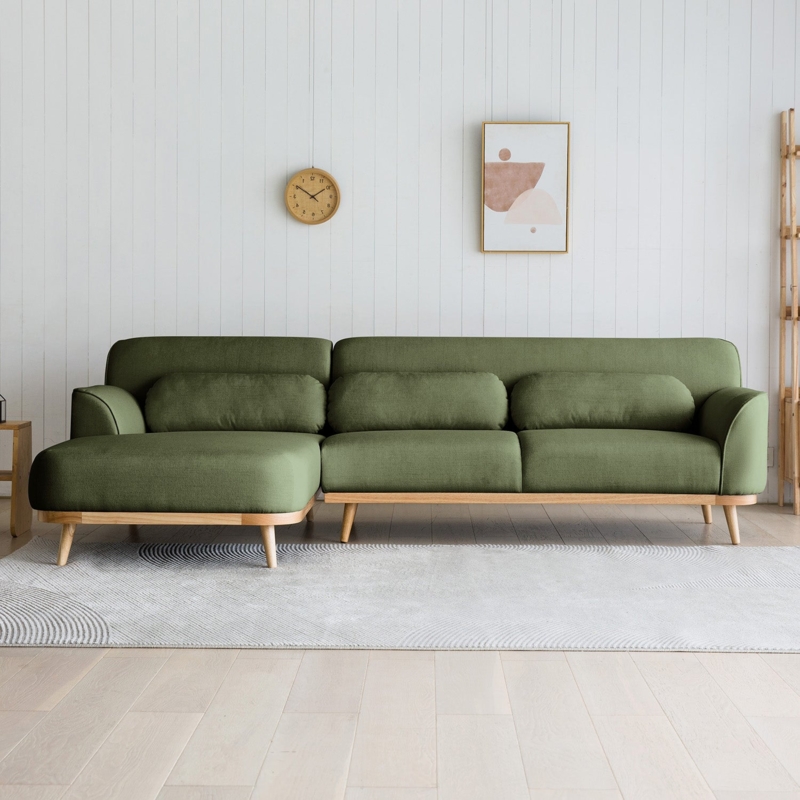 Sectional Sofa Green Upholstery Exposed Wood Base Low Profile