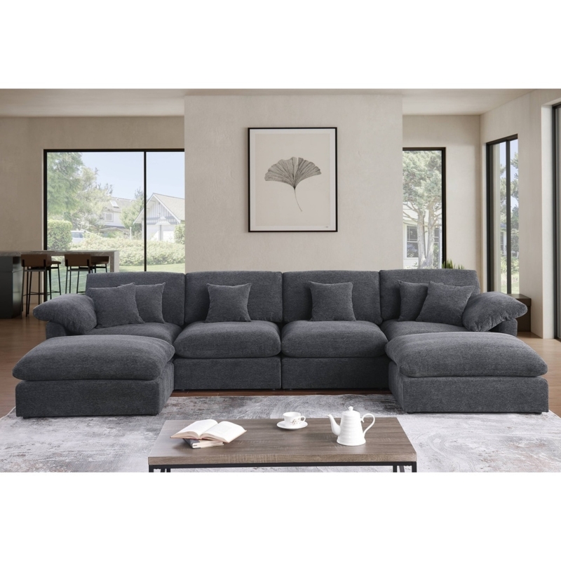 Sectional Sofa Grey Chenille Pit Style U-Shaped Design