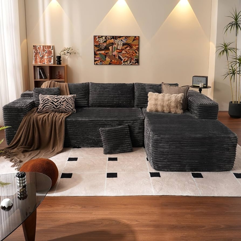 Sectional Sofa Grey Corduroy Texture Cloud Silhouette Deep Seating