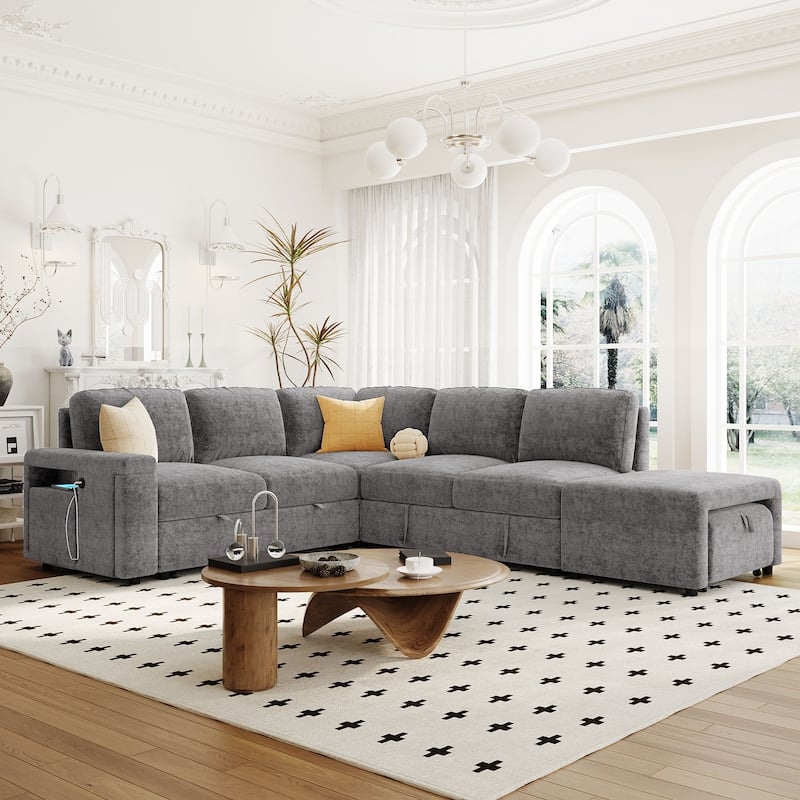Sectional Sofa Grey Heathered Texture Storage Console Cup Holders L-Shaped
