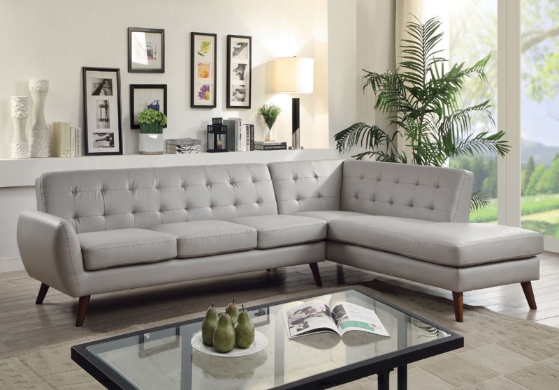 Sectional Sofa Grey Leather Like Tufted Seat Adjustable Headrests