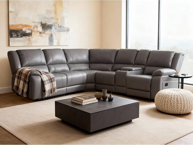 Sectional Sofa Grey Leather Manual Recliner Storage Console