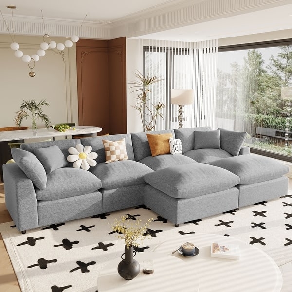 Sectional Sofa Grey Modular Dual Ottomans Low-Profile Silhouette