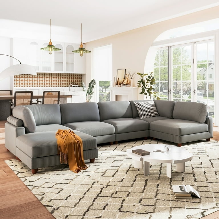 Sectional Sofa Grey Modular Integrated Ottoman Piped Edges Modern