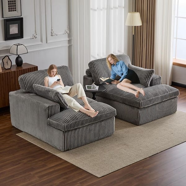 Sectional Sofa Grey Ribbed Texture Square Arms Low Profile