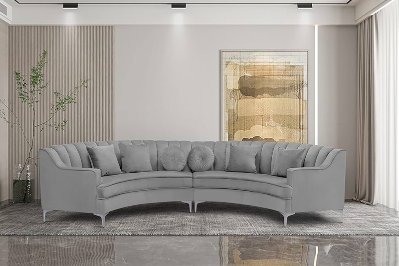 Sectional Sofa Grey Velvet Curved Back Channel Tufting