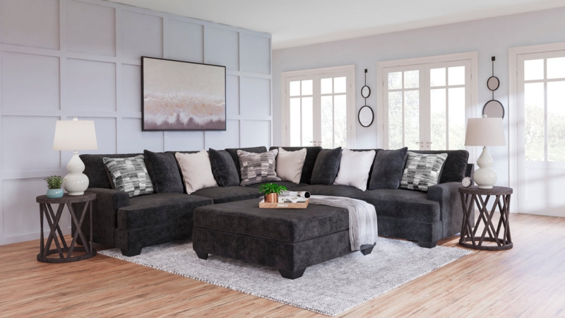 Sectional Sofa Grid-Tufted Cushions Charcoal L-Shaped Modern Layout
