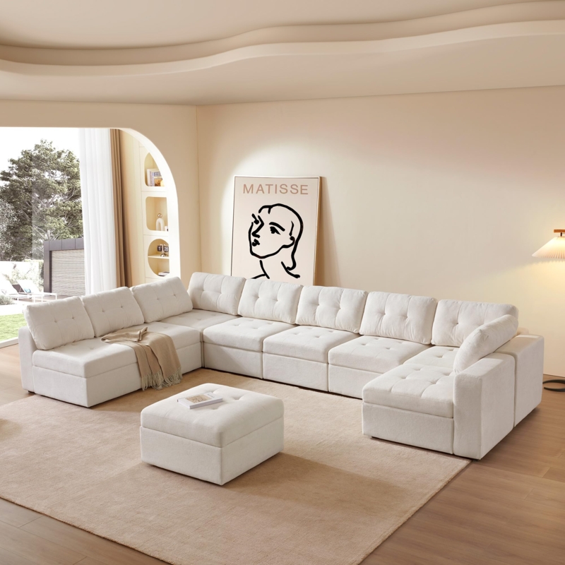 Sectional Sofa Grid Tufted Seat Oversized U Shape Modular Textured Fabric
