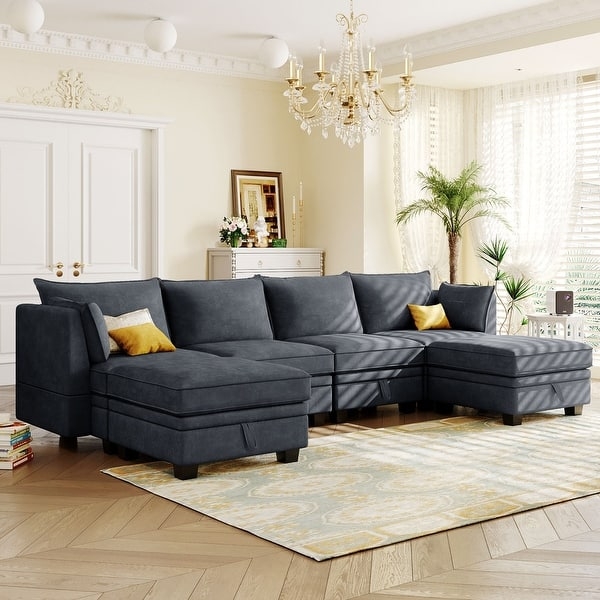 Sectional Sofa Hidden Storage Seat Beige Linen-Like Modular Design