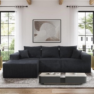 Sectional Sofa in Black Upholstery, Modular Segments with Deep Seats