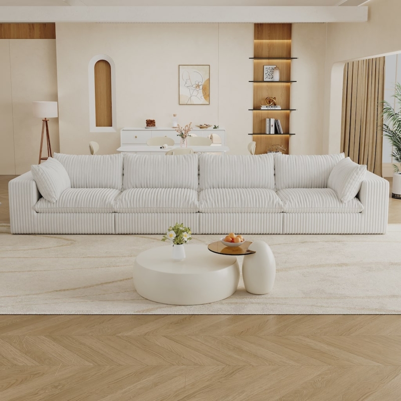Sectional Sofa in Corduroy Fabric with Deep Seat and Modular Blocks