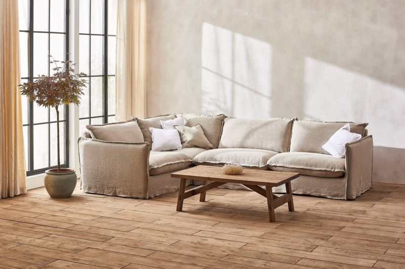 Sectional Sofa in Cream Linen-Like Fabric, Deep Plush Cushions
