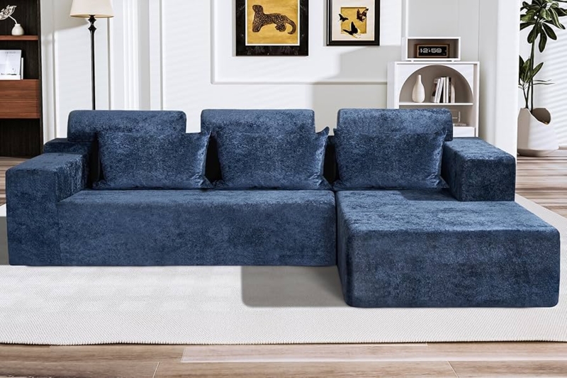 Sectional Sofa in Distressed Blue Velvet, Low Profile Modular Design.