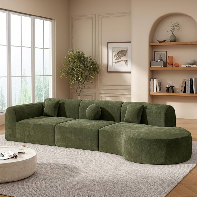 Sectional Sofa in Forest Green Boucle, Curved Silhouette Lounge Seating