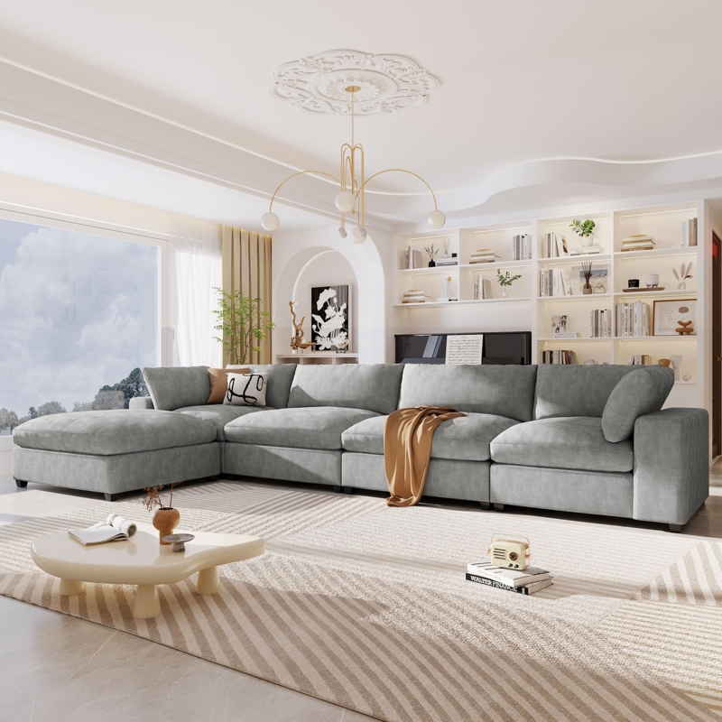 Sectional Sofa in Grey Chenille with Matching Ottoman
