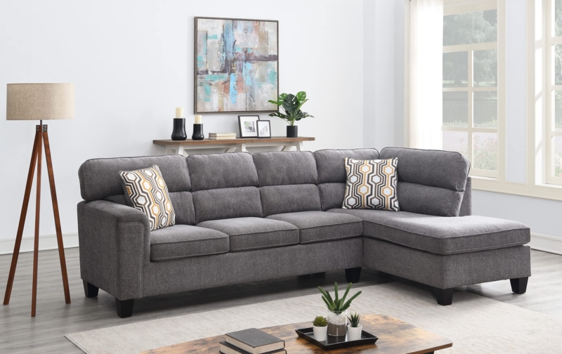 Sectional Sofa in Grey Micro Cloth with Reversible Chaise