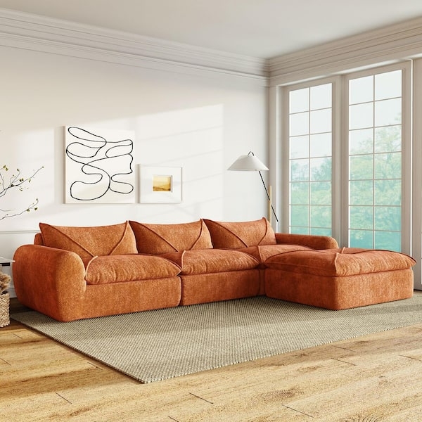 Sectional Sofa in Orange Chenille, Armless Modular Low Profile Lounge