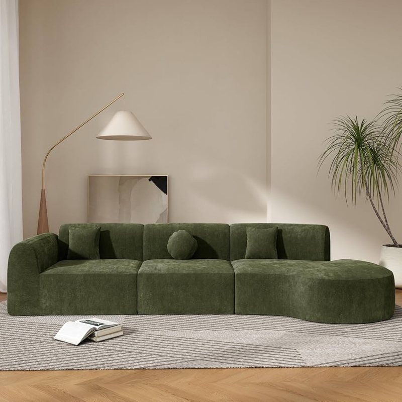 Sectional Sofa in Sage Green Lambswool Fabric, Curved Silhouette