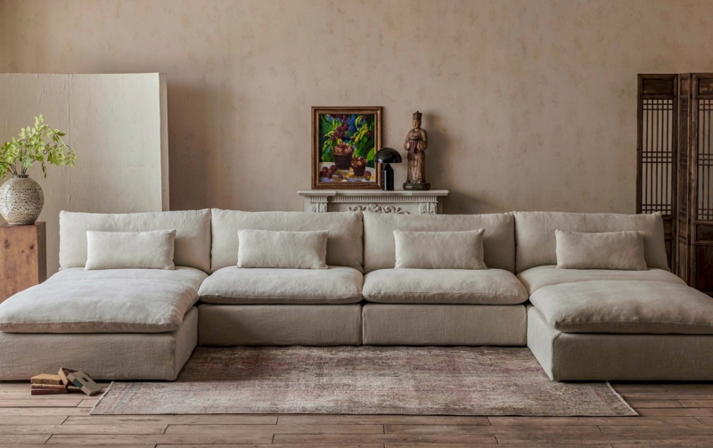 Sectional Sofa in U-Shape Configuration, Warm Oatmeal Woven Fabric