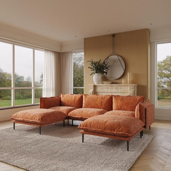 Sectional Sofa in Vibrant Orange Velvet with Track Arms and Deep Seating