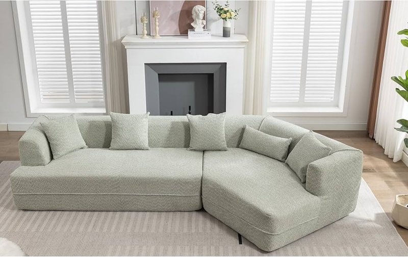 Sectional Sofa in White Boucle Texture with Wide Chaise Modular Design