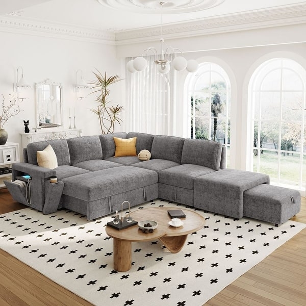 Sectional Sofa Integrated Cup Holders Charcoal Grey L Shaped