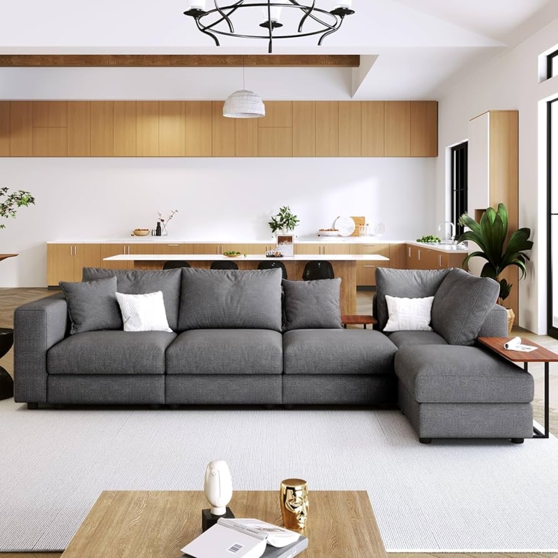 Sectional Sofa Integrated Tables Ribbed Texture Dark Gray L-Shaped