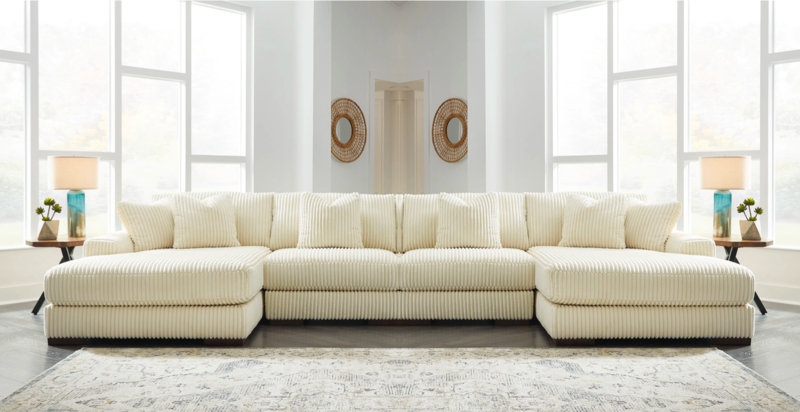Sectional Sofa Ivory U-Shaped Deep Seating Linen Look Airy Layout