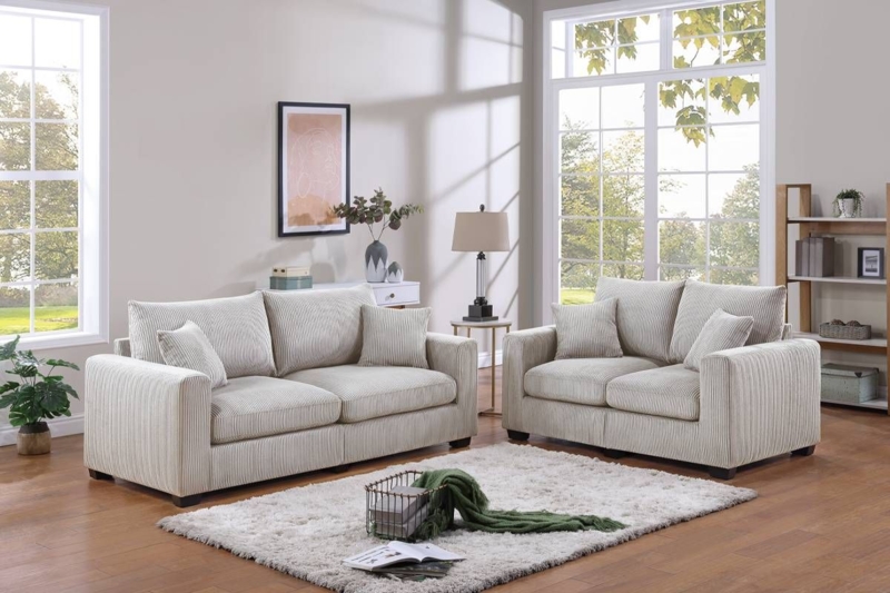Sectional Sofa Ivory Wide Wale Corduroy Low Profile Modular