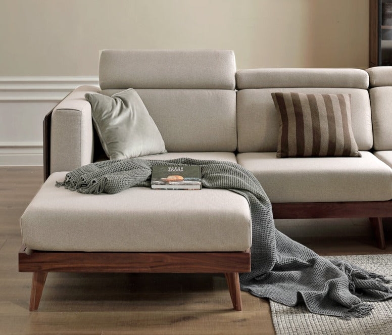 Sectional Sofa Japandi Style Wood Slat Base Integrated Side Table