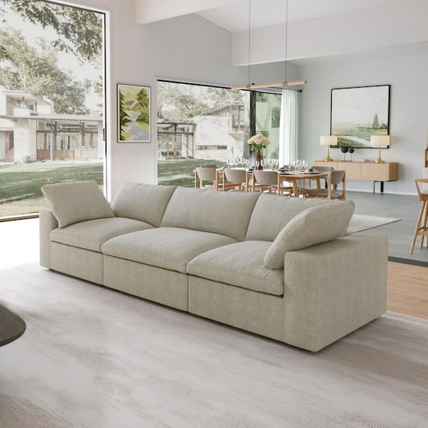 Sectional Sofa Khaki Brown Linen-Like Deep Seating Block Arms