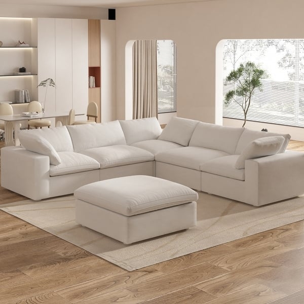 Sectional Sofa Khaki Linen L Shaped Deep Seating Modern Layout