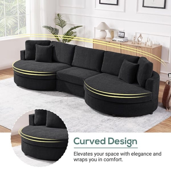 Sectional Sofa L-Shaped Black Chenille Cushion Back Curved Armrest