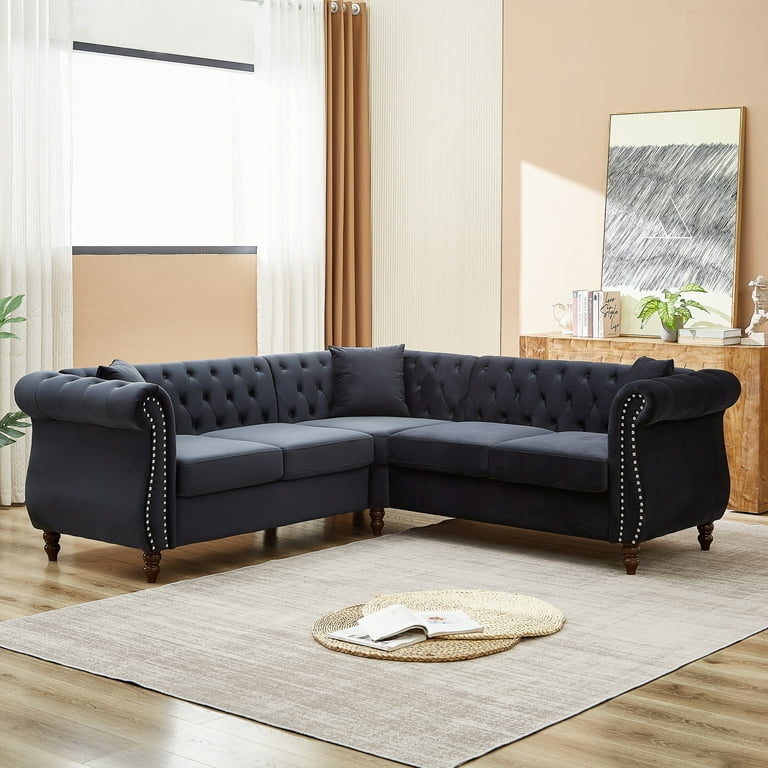 Sectional Sofa L Shaped Design Black Upholstery Low Profile