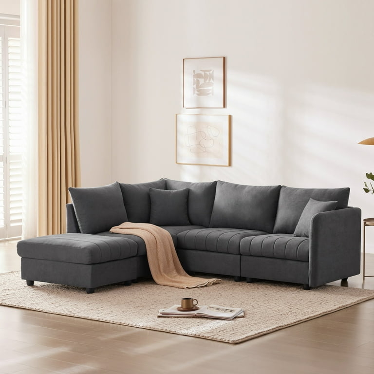 Sectional Sofa L-Shaped Grey with Movable Ottoman for Small Spaces