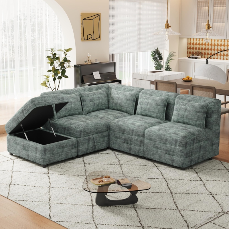Sectional Sofa L-Shaped Matching Ottoman Chenille Clean Lined