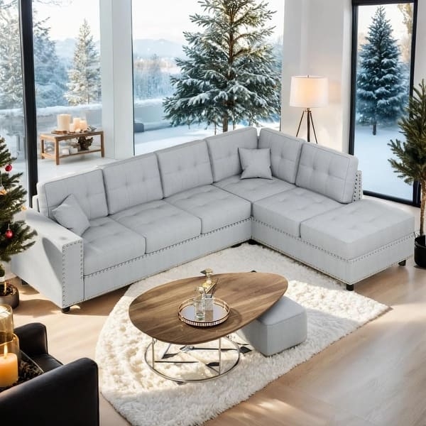 Sectional Sofa L-Shaped Off-White Removable Back Cushions Track Arms