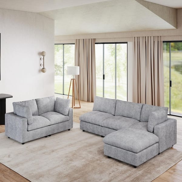 Sectional Sofa L-Shaped With Square Arms In Gray Chenille Texture.