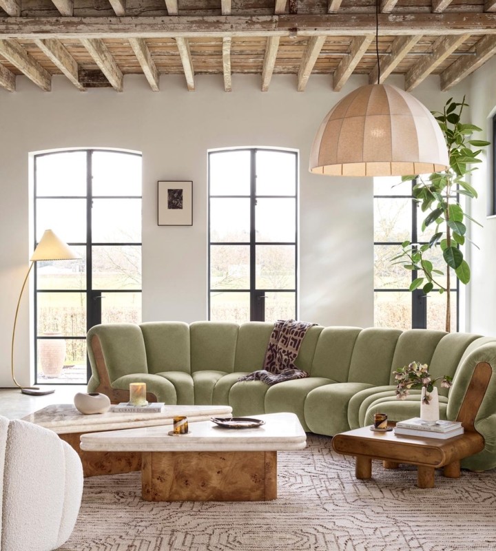 Sectional Sofa Lichen Green Velvet Six-Seater Modular