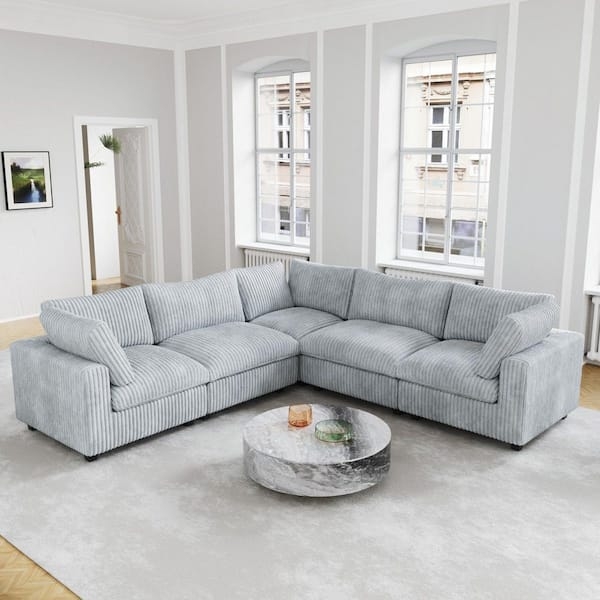 Sectional Sofa, Light Gray Faux Fur Look, Plush Cloud Modular Design