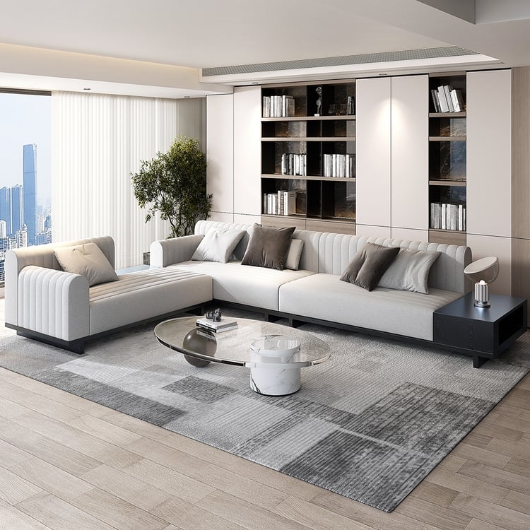 Sectional Sofa Light Gray Linen-like L-Shaped Integrated Table