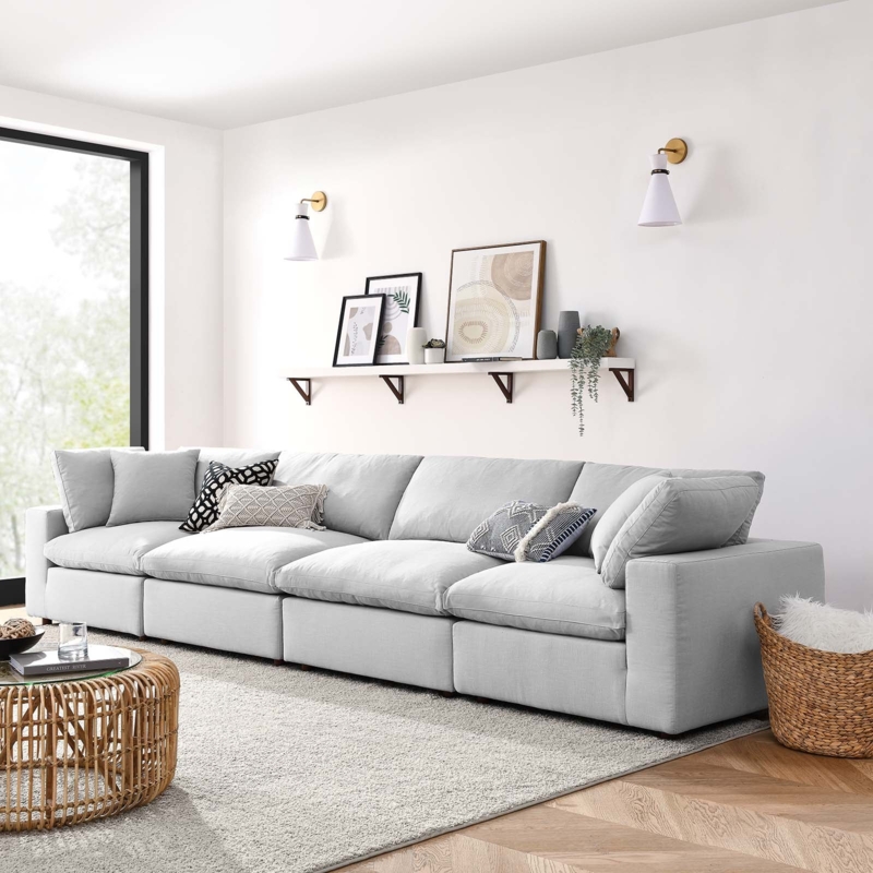 Sectional Sofa Light Gray Linen-Like Modular with Overstuffed Cushions